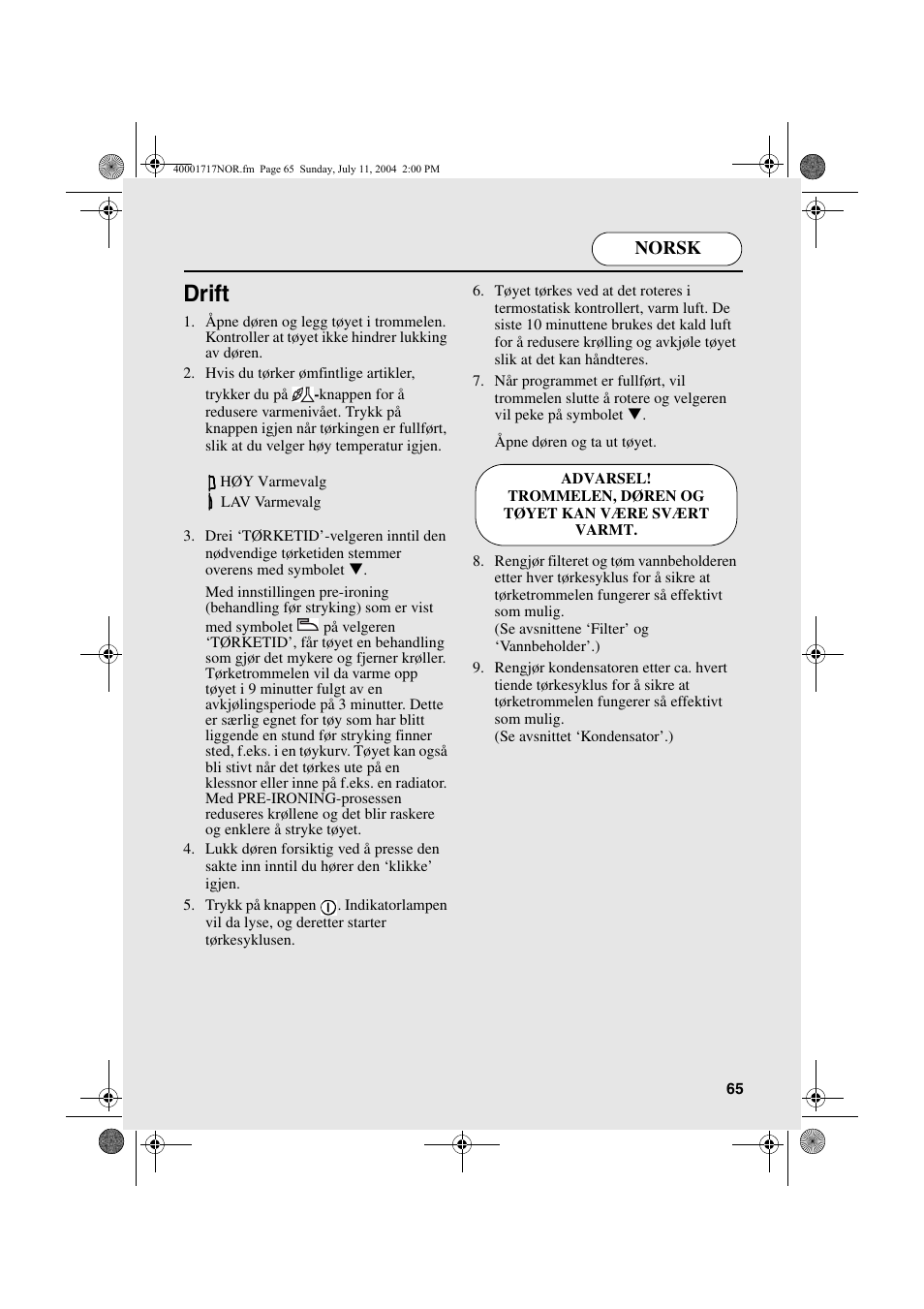 Drift, Norsk | Candy AB CDC 168 - SY User Manual | Page 65 / 104