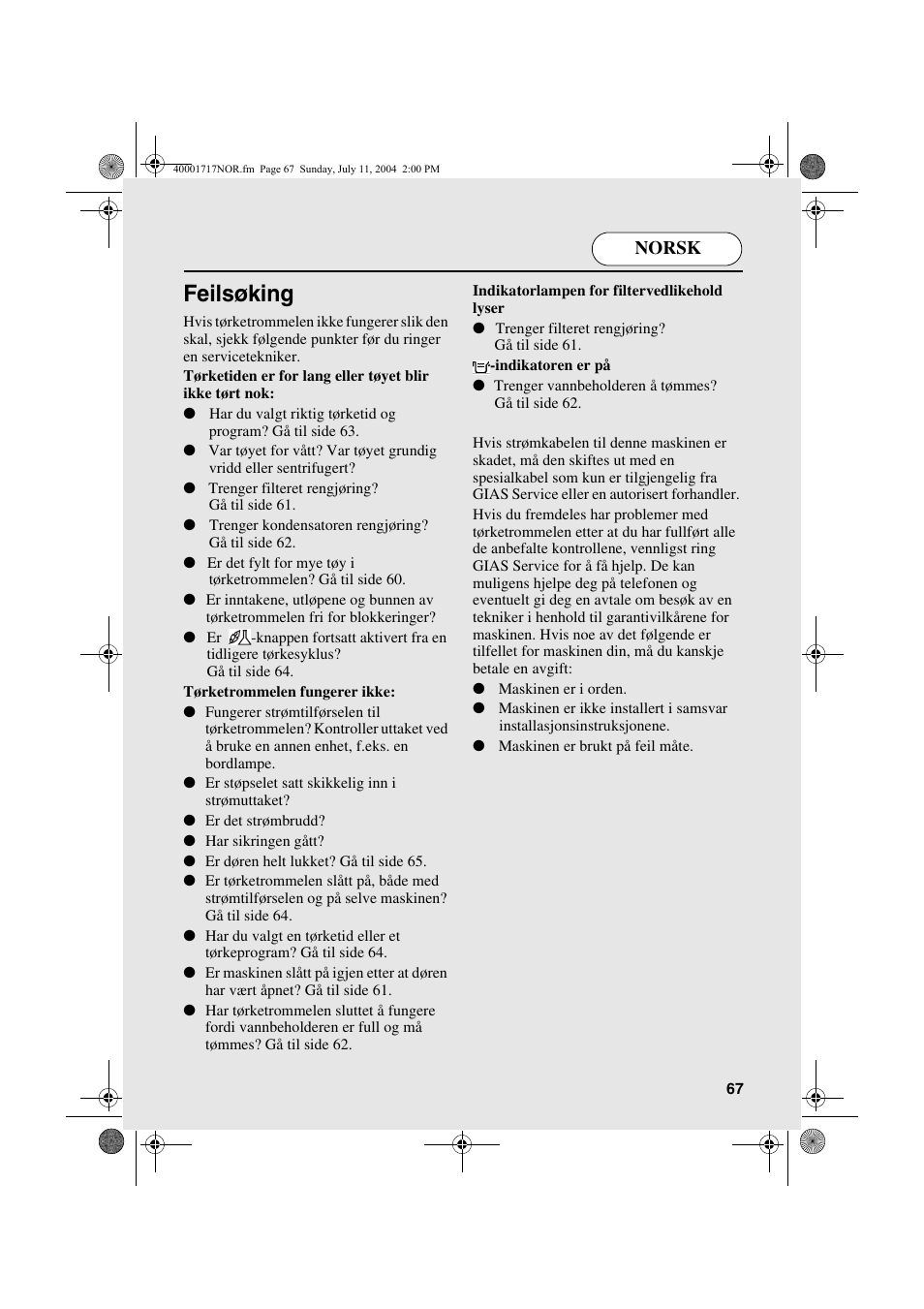 Feilsøking, Norsk | Candy AB CDC 168 - SY User Manual | Page 67 / 104