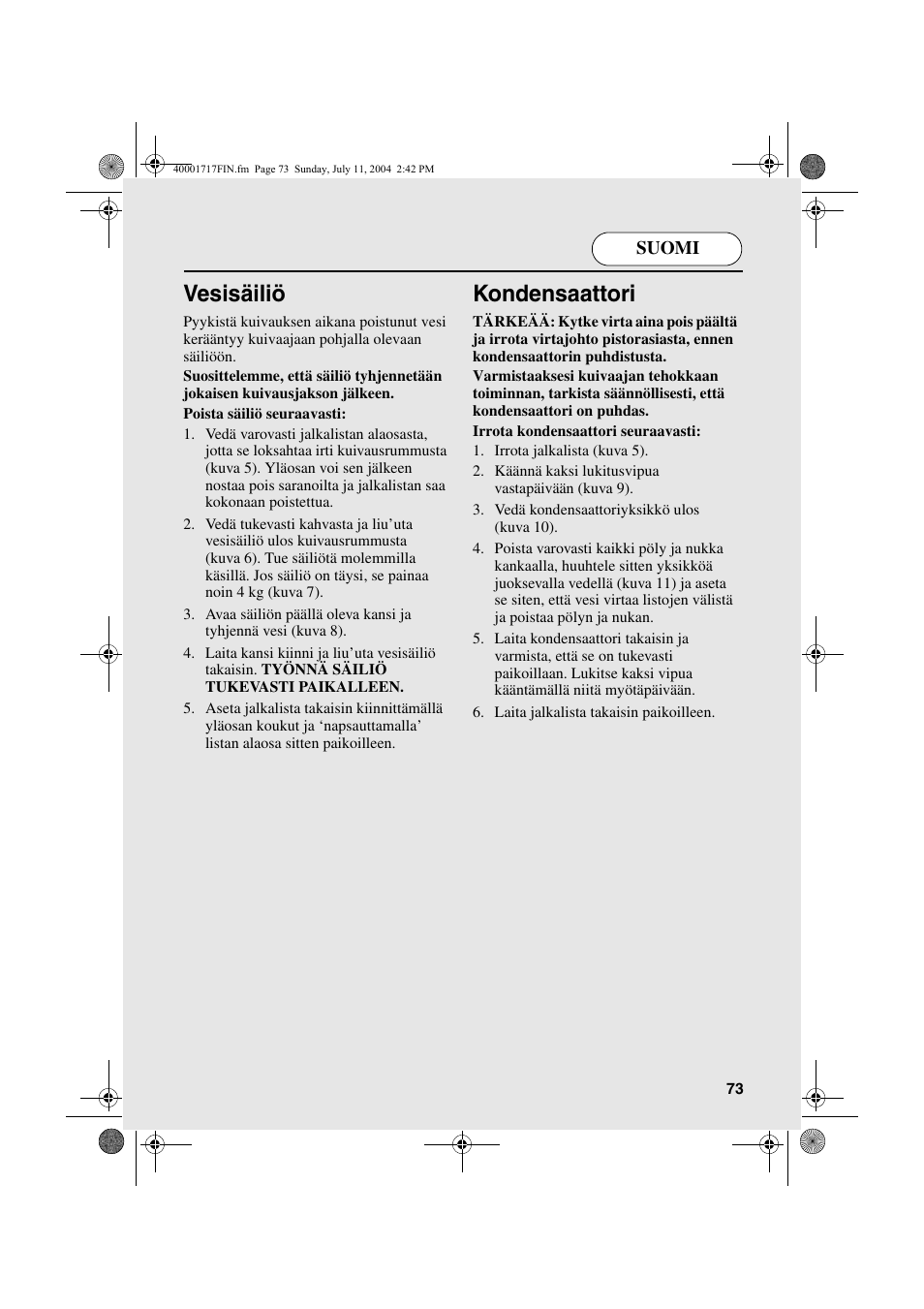 Vesisäiliö, Kondensaattori | Candy AB CDC 168 - SY User Manual | Page 73 / 104
