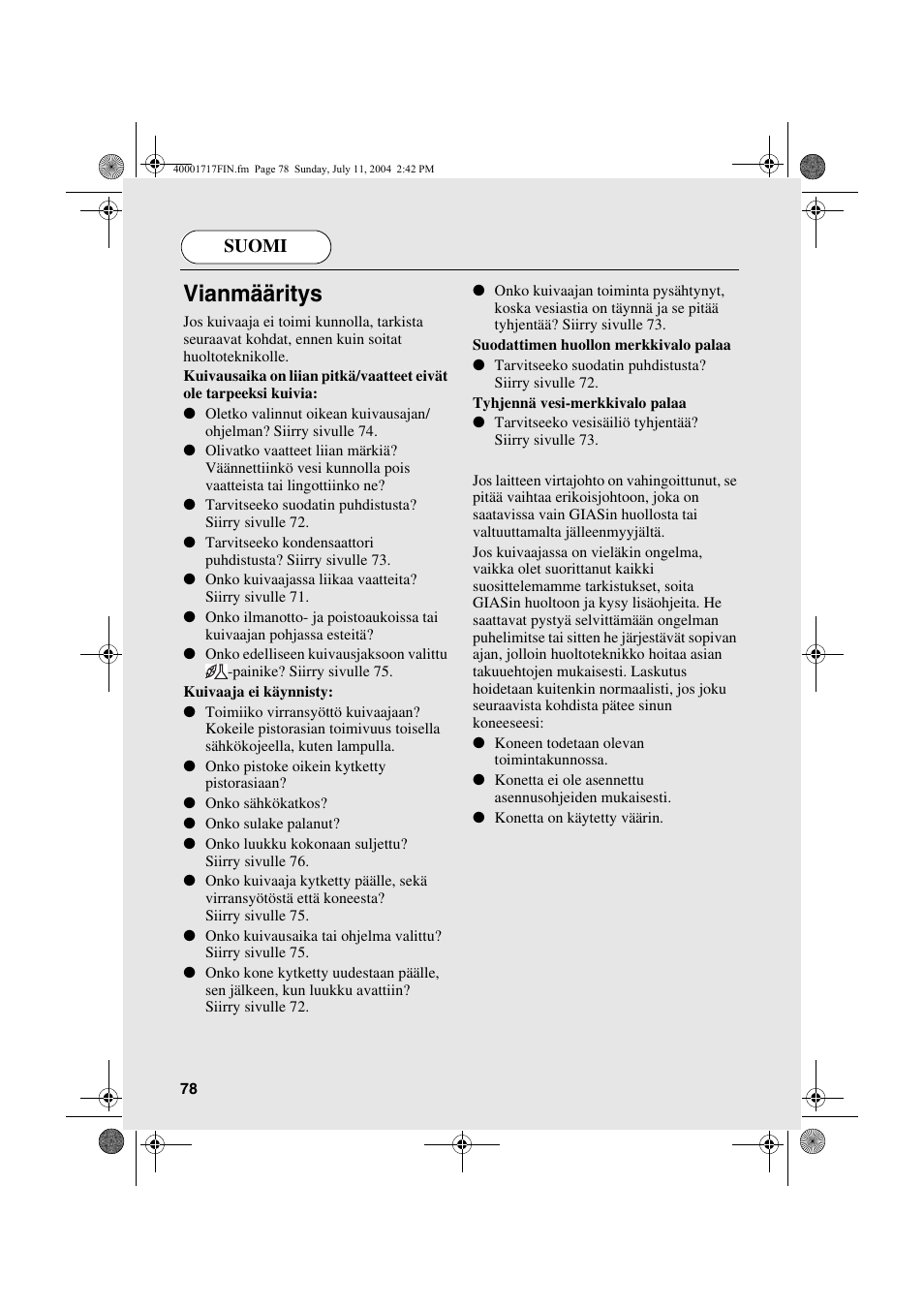 Vianmääritys, Suomi | Candy AB CDC 168 - SY User Manual | Page 78 / 104