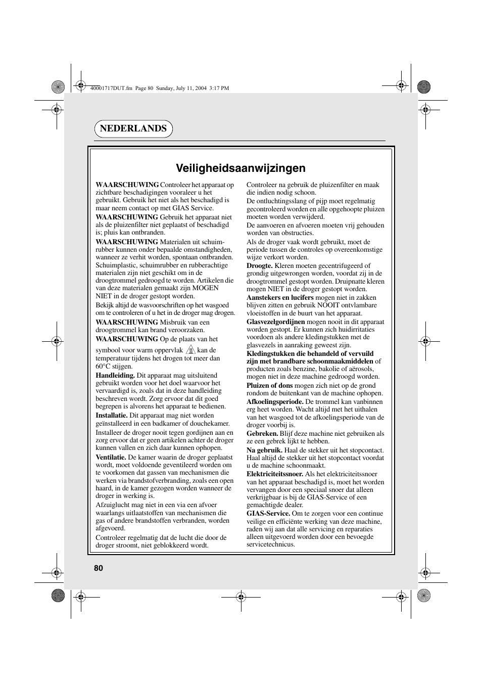 Veiligheidsaanwijzingen, Nederlands | Candy AB CDC 168 - SY User Manual | Page 80 / 104