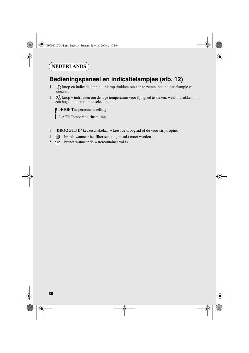 Bedieningspaneel en indicatielampjes (afb. 12), Nederlands | Candy AB CDC 168 - SY User Manual | Page 86 / 104