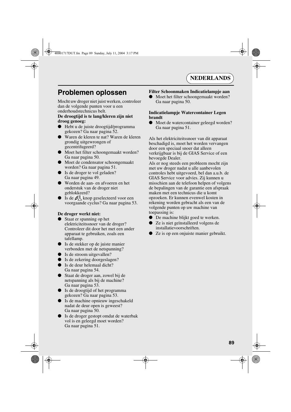 Problemen oplossen, Nederlands | Candy AB CDC 168 - SY User Manual | Page 89 / 104