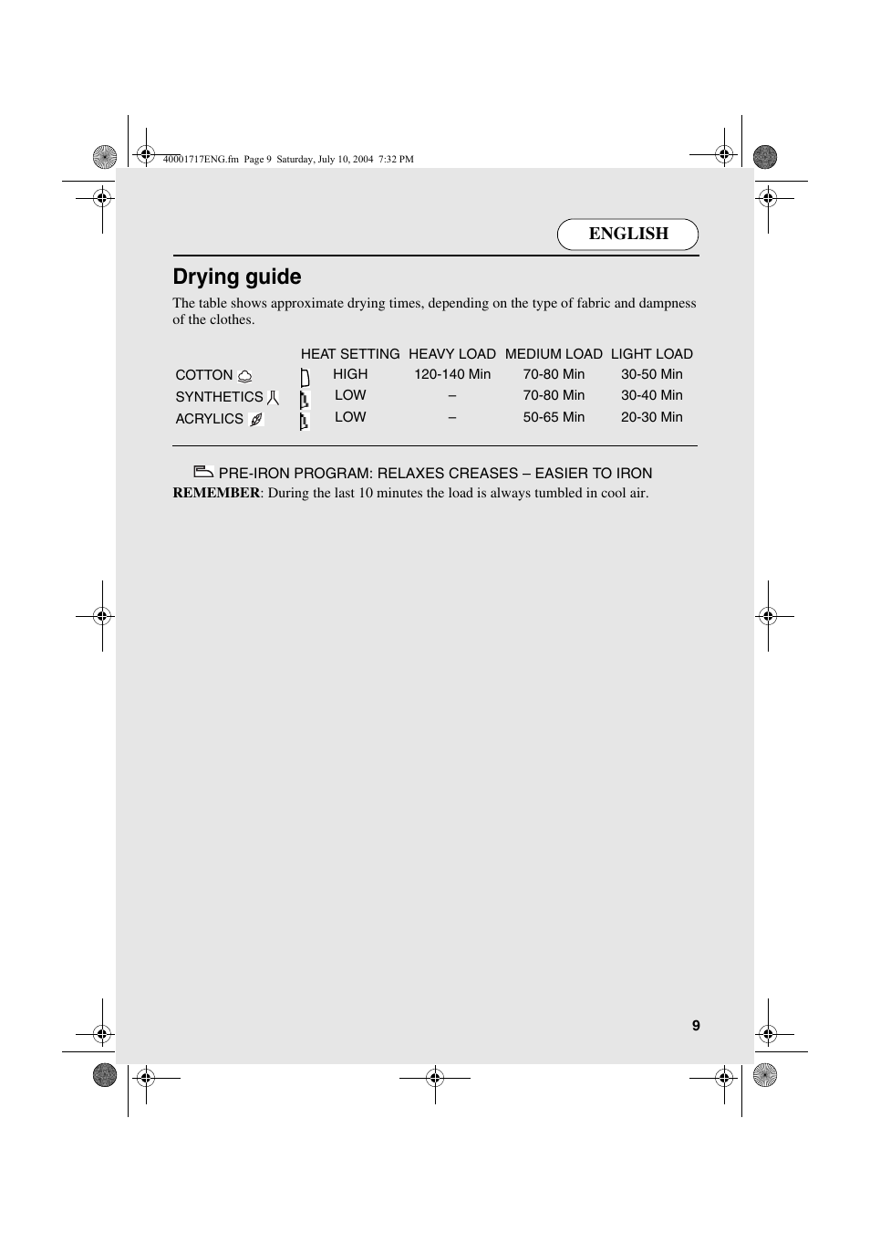 Drying guide, English | Candy AB CDC 168 - SY User Manual | Page 9 / 104