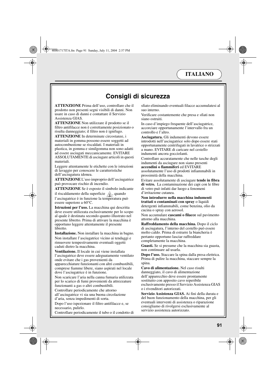 Consigli di sicurezza, Italiano | Candy AB CDC 168 - SY User Manual | Page 91 / 104