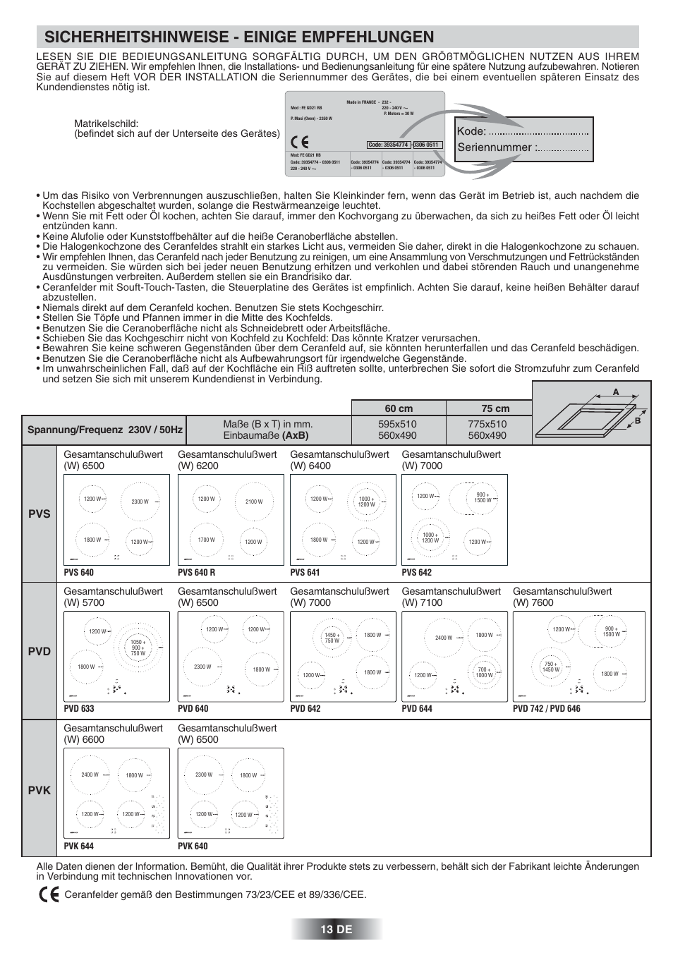 Sicherheitshinweise - einige empfehlungen, 13 de, Pvs pvd pvk | Candy PVD 646 N User Manual | Page 14 / 32