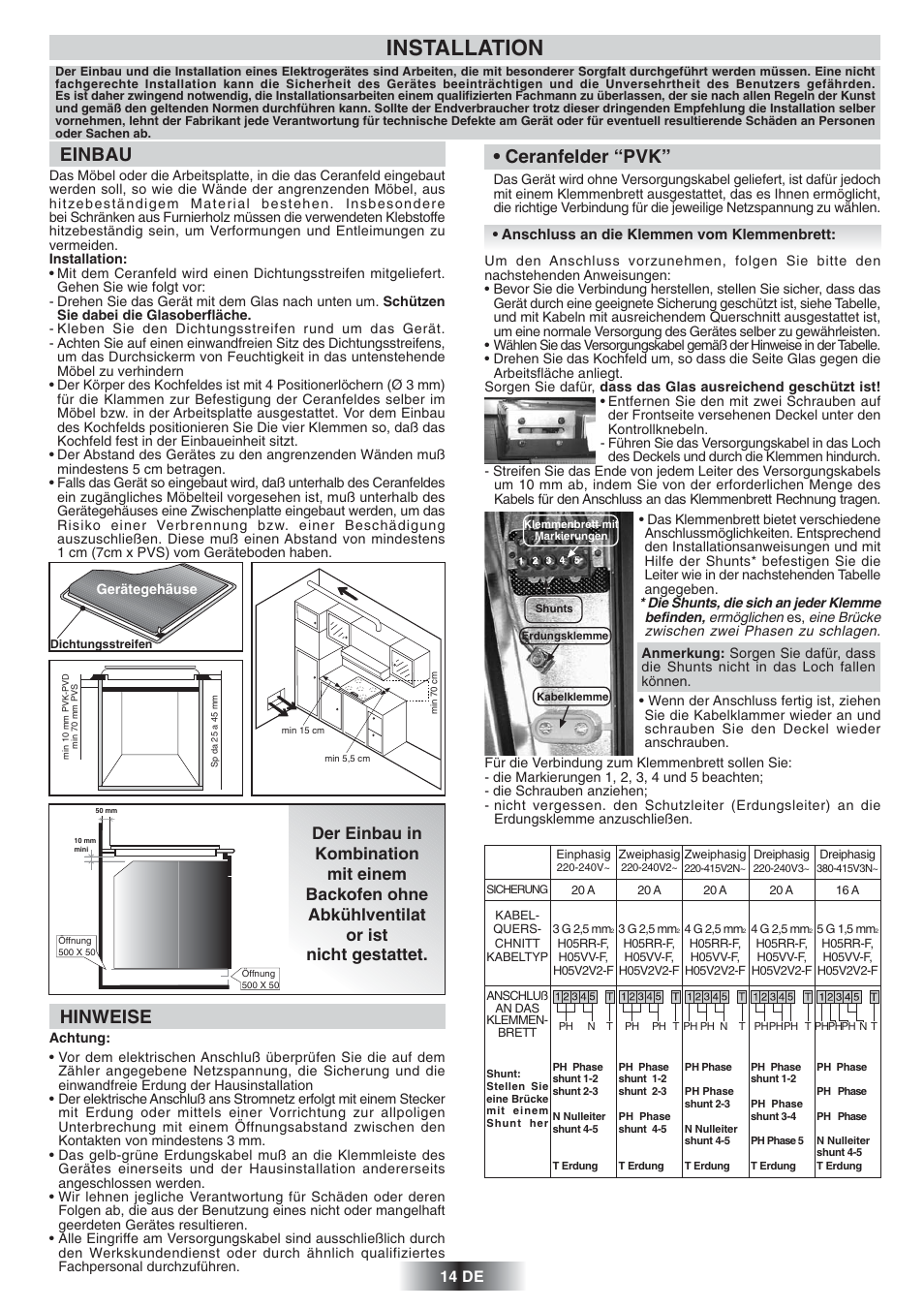 Installation, Ceranfelder “pvk, Einbau | Hinweise, 14 de | Candy PVD 646 N User Manual | Page 15 / 32