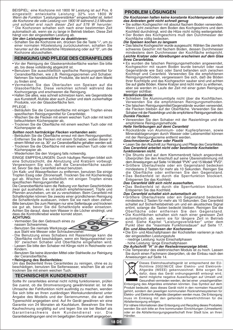 Problem lösungen, Reinigung und pflege des ceranfeldes, Technischer kundendienst | Candy PVD 646 N User Manual | Page 19 / 32