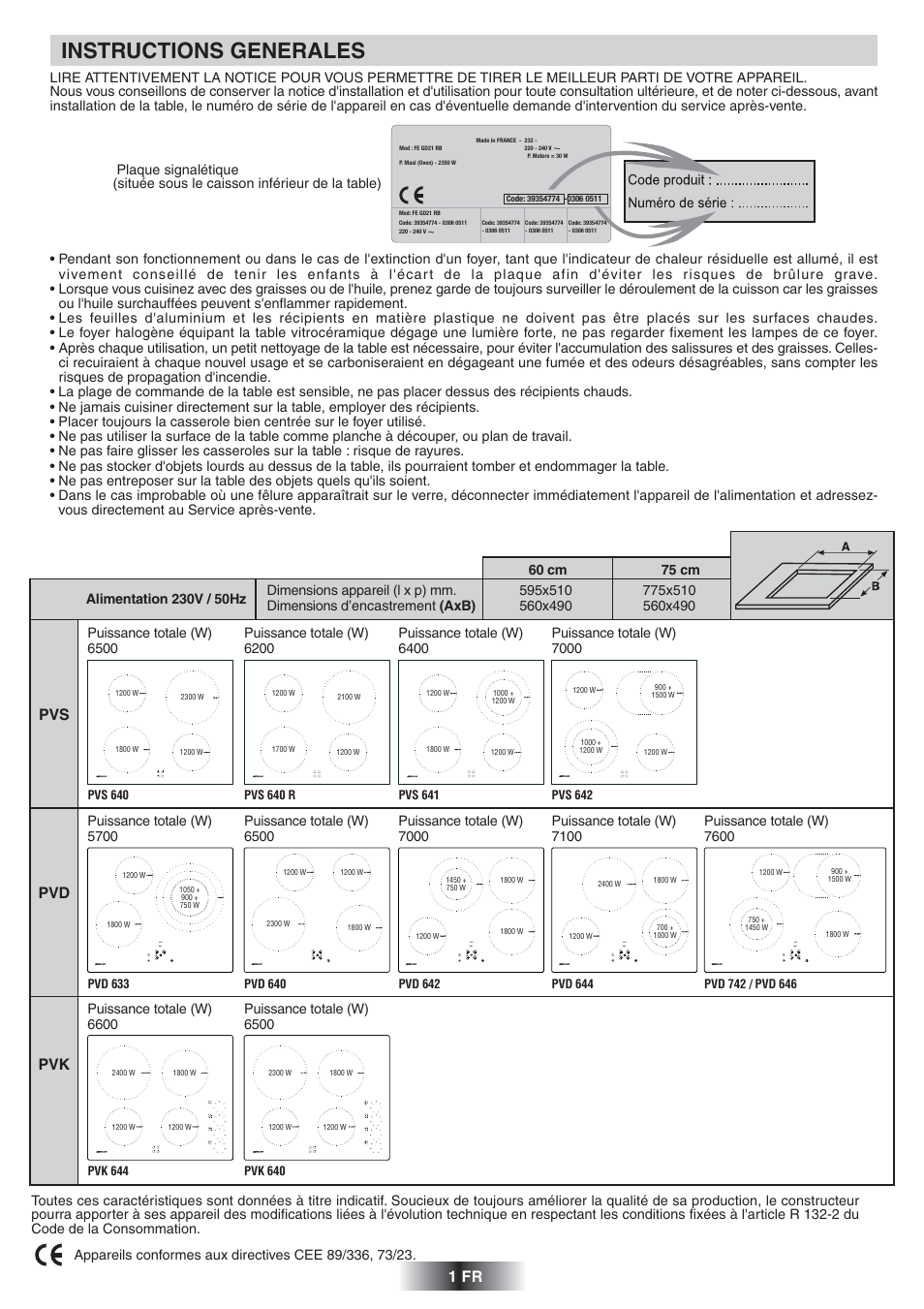 Instructions generales, 1 fr, Pvs pvd pvk | Candy PVD 646 N User Manual | Page 2 / 32