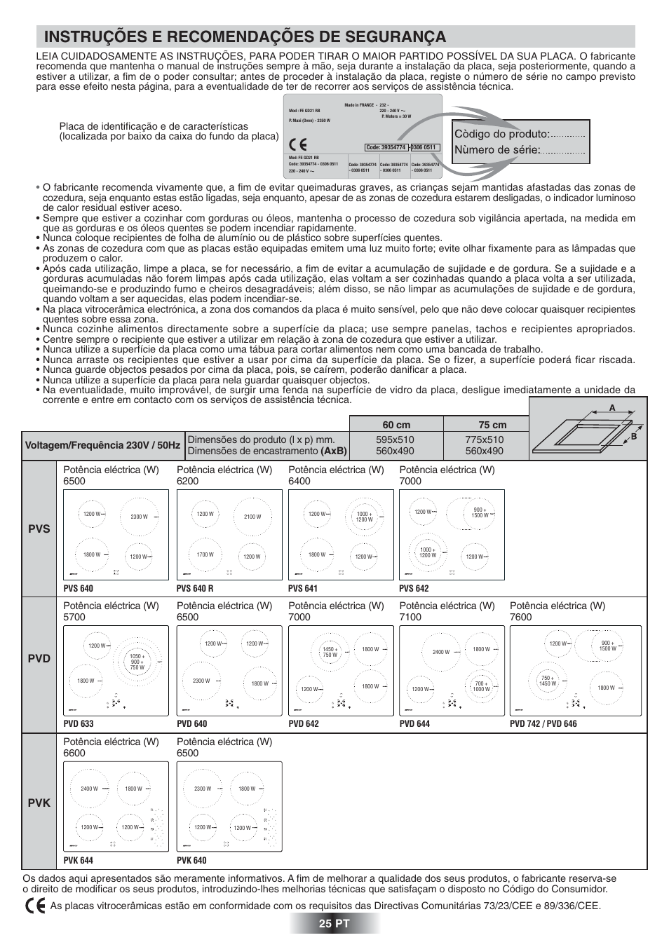 Instruções e recomendações de segurança, 25 pt, Pvs pvd pvk | Potência eléctrica (w) 6600, Potência eléctrica (w) 6500 | Candy PVD 646 N User Manual | Page 26 / 32