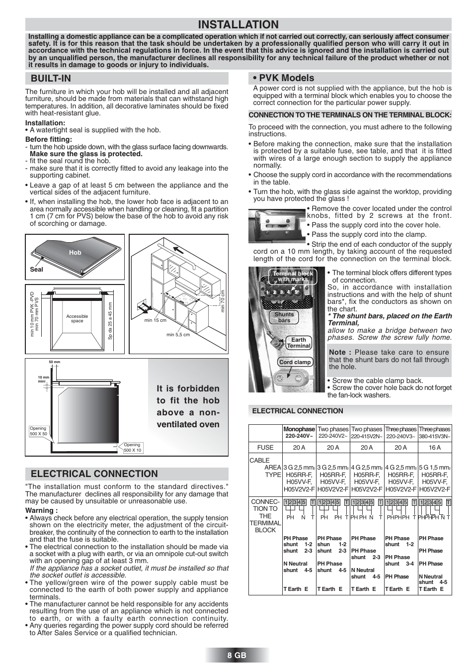Installation, Built-in, Electrical connection | Pvk models, 8 gb | Candy PVD 646 N User Manual | Page 9 / 32