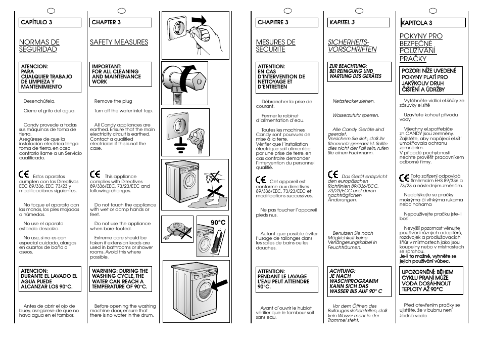 Sicherheits- vorschriften, Normas de seguridad, Safety measures | Pokyny pro bezpeöné pouïívání praöky, Mesures de securite | Candy CG 454 T User Manual | Page 6 / 33