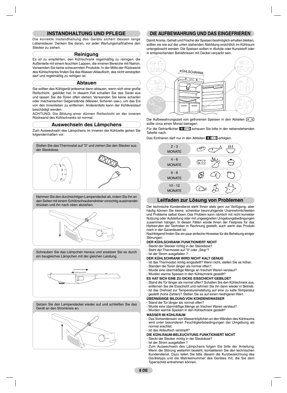 Instandhaltung und pflege, Reinigung, Abtauen | Auswechseln des lämpchens, Die aufbewahrung und das eingefrieren, Leitfaden zur lösung von problemen | Candy FRCFM3965A-0 User Manual | Page 10 / 32