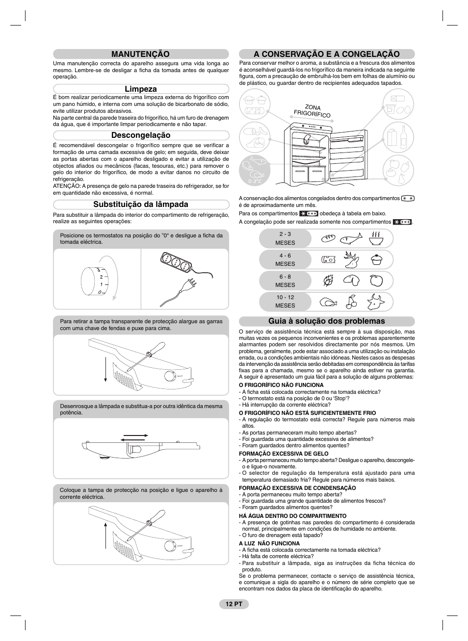 Manutenção, Limpeza, Descongelação | Substituição da lâmpada, A conservação e a congelação, Guia à solução dos problemas | Candy FRCFM3965A-0 User Manual | Page 14 / 32