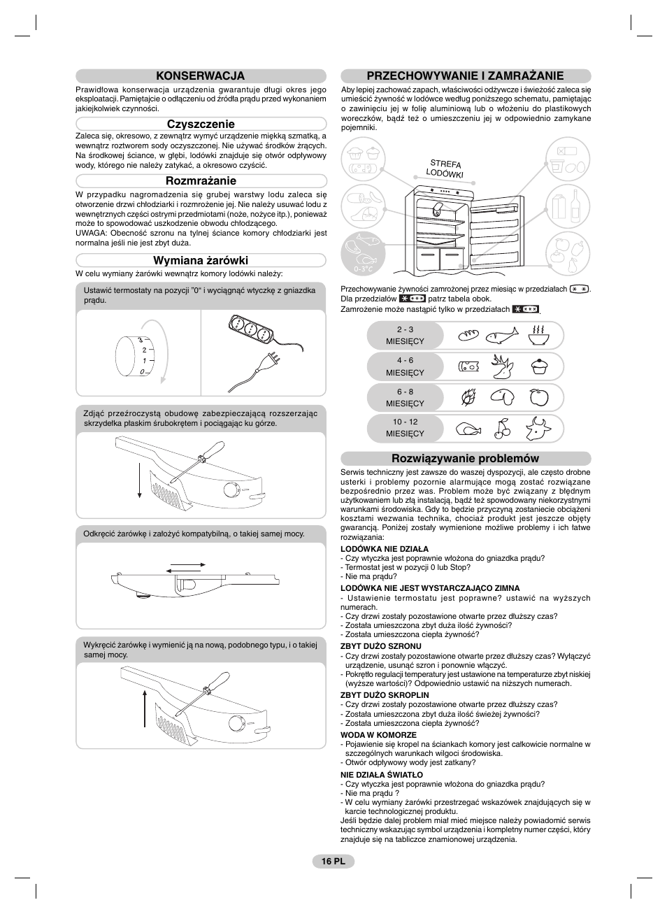 Konserwacja, Czyszczenie, Rozmrażanie | Wymiana żarówki, Przechowywanie i zamrażanie, Rozwiązywanie problemów | Candy FRCFM3965A-0 User Manual | Page 18 / 32