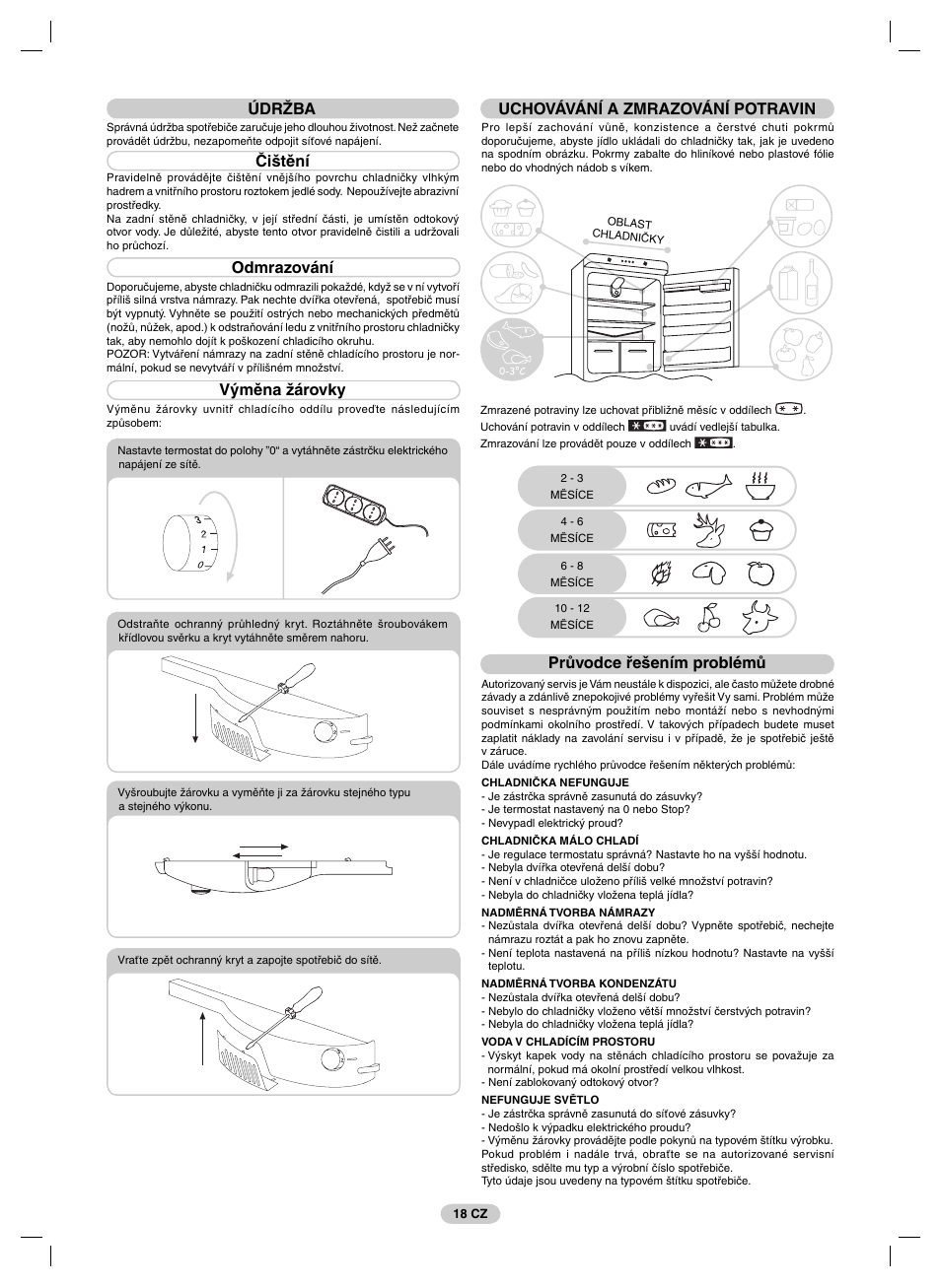 Údržba, Čištění, Odmrazování | Výměna žárovky, Uchovávání a zmrazování potravin, Průvodce řešením problémů | Candy FRCFM3965A-0 User Manual | Page 20 / 32