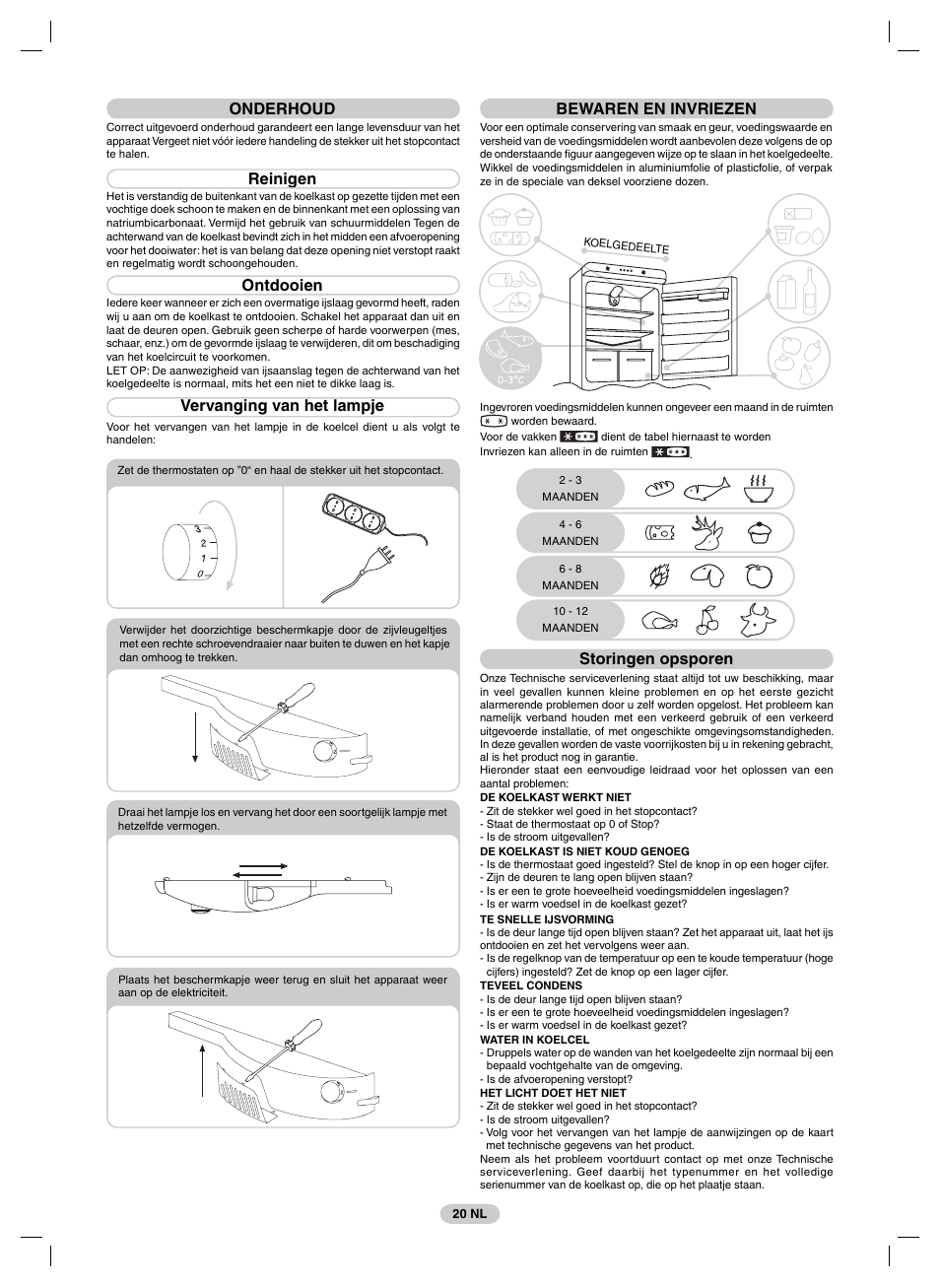 Onderhoud, Reinigen, Ontdooien | Vervanging van het lampje, Bewaren en invriezen, Storingen opsporen | Candy FRCFM3965A-0 User Manual | Page 22 / 32