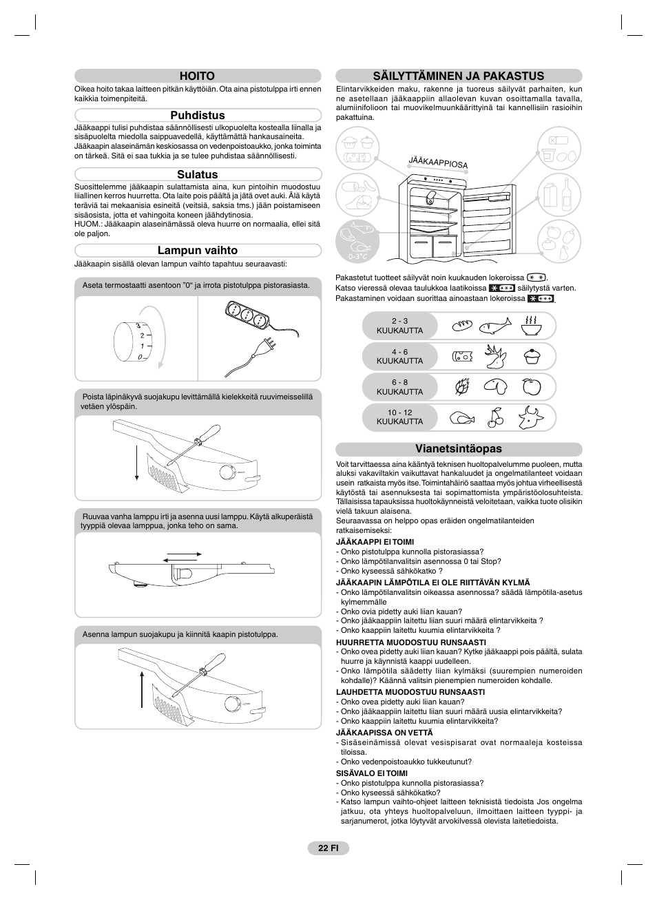 Hoito, Puhdistus, Sulatus | Lampun vaihto, Säilyttäminen ja pakastus, Vianetsintäopas | Candy FRCFM3965A-0 User Manual | Page 24 / 32