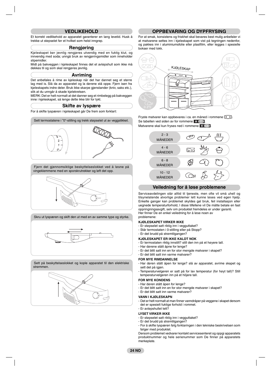 Vedlikehold, Rengjøring, Avriming | Skifte av lyspære, Oppbevaring og dypfrysing, Veiledning for å løse problemene | Candy FRCFM3965A-0 User Manual | Page 26 / 32