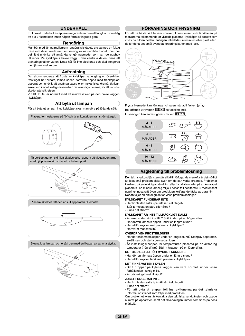 Underhåll, Rengöring, Avfrostning | Att byta ut lampan, Förvaring och frysning, Vägledning till problemlösning | Candy FRCFM3965A-0 User Manual | Page 28 / 32