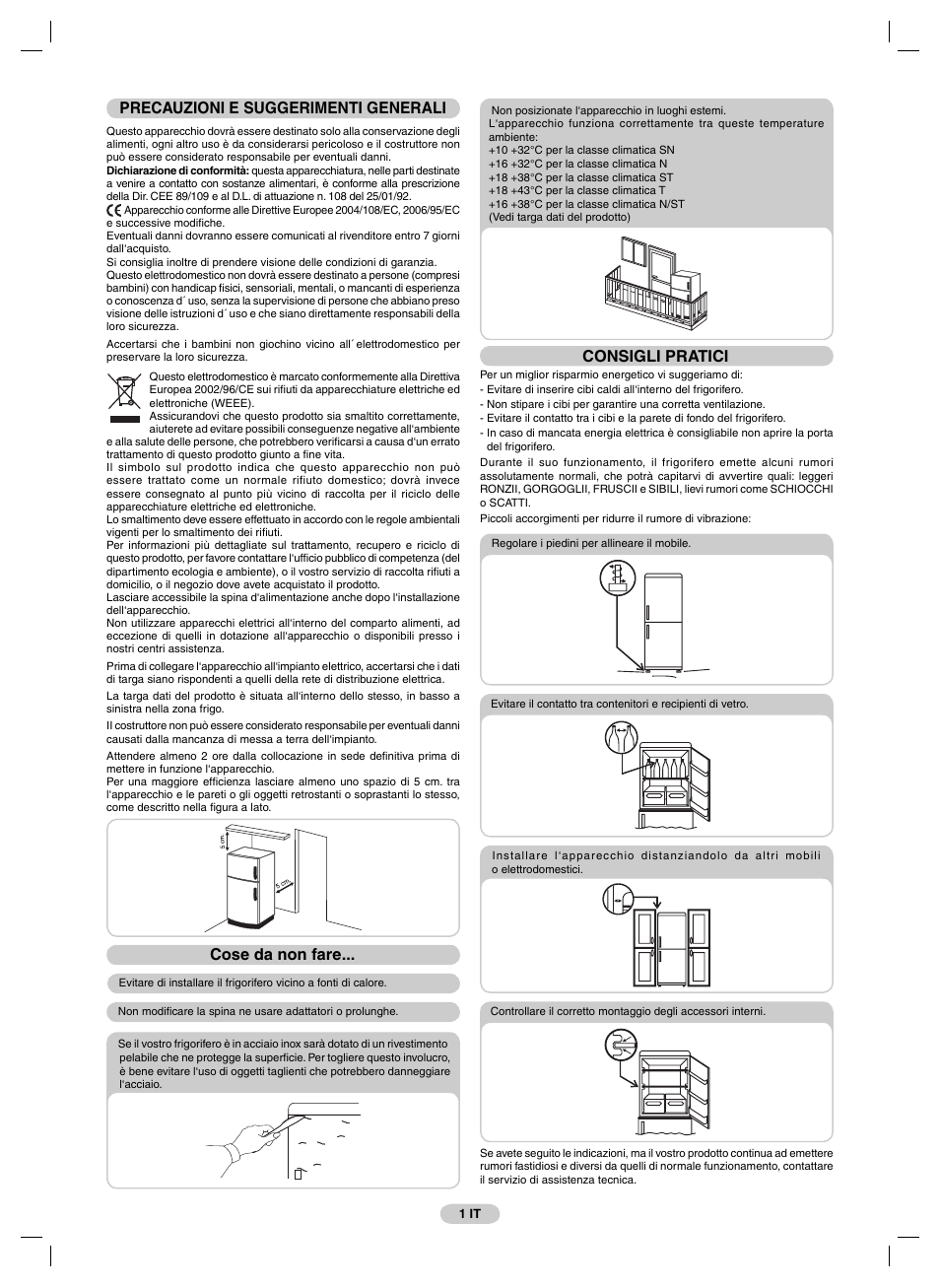 Precauzioni e suggerimenti generali, Cose da non fare, Consigli pratici | Candy FRCFM3965A-0 User Manual | Page 3 / 32