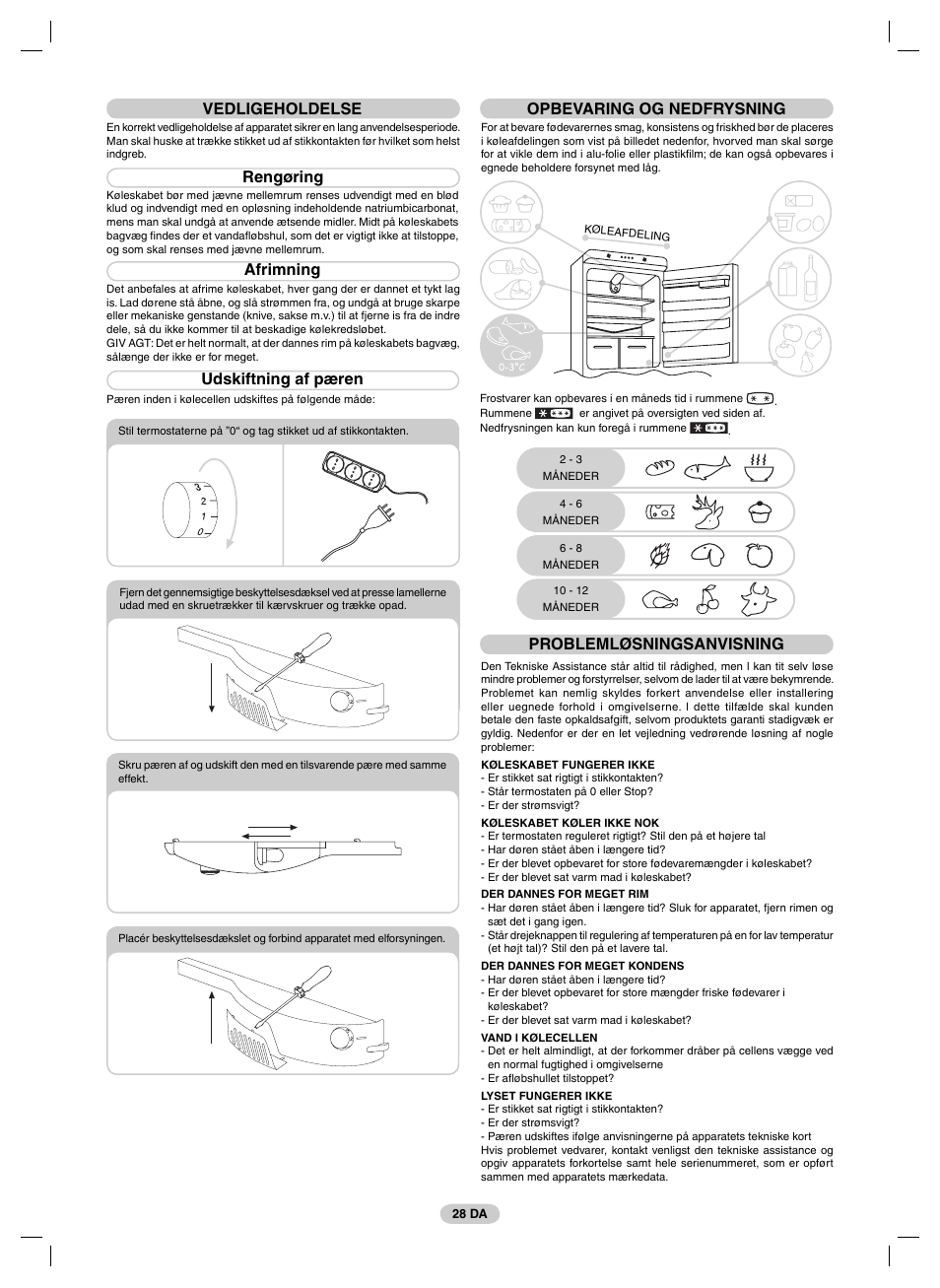 Vedligeholdelse, Rengøring, Afrimning | Udskiftning af pæren, Opbevaring og nedfrysning, Problemløsningsanvisning | Candy FRCFM3965A-0 User Manual | Page 30 / 32