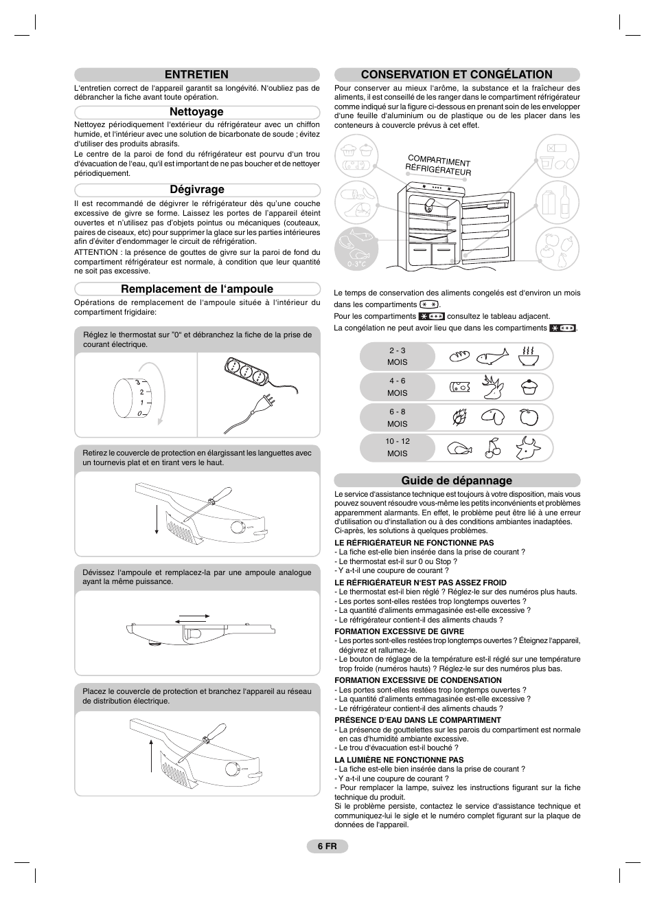 Entretien, Nettoyage, Dégivrage | Remplacement de l‘ampoule, Conservation et congélation, Guide de dépannage | Candy FRCFM3965A-0 User Manual | Page 8 / 32