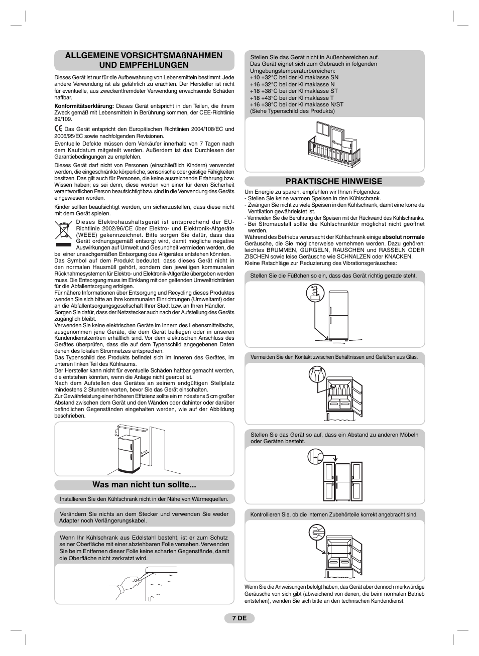 Allgemeine vorsichtsmaßnahmen und empfehlungen, Was man nicht tun sollte, Praktische hinweise | Candy FRCFM3965A-0 User Manual | Page 9 / 32