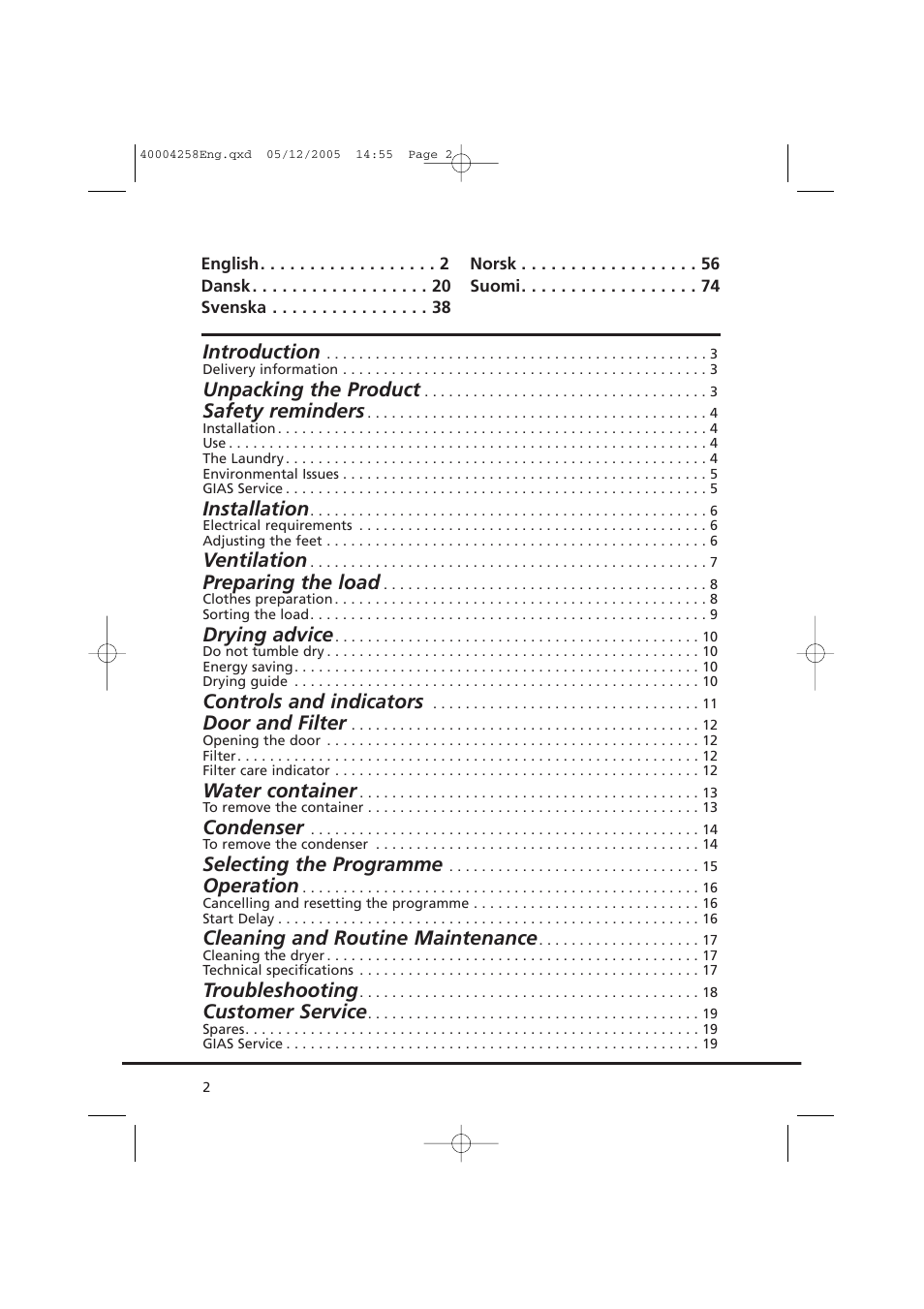 Introduction, Unpacking the product, Safety reminders | Installation, Ventilation, Preparing the load, Drying advice, Controls and indicators, Door and filter, Water container | Candy AB CDC 668 - SY User Manual | Page 2 / 92