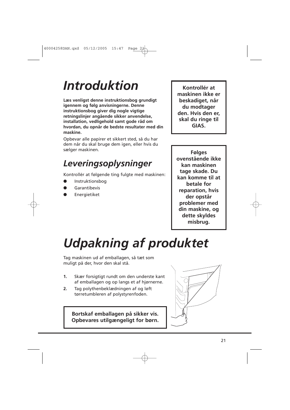 Introduktion, Udpakning af produktet, Leveringsoplysninger | Candy AB CDC 668 - SY User Manual | Page 21 / 92