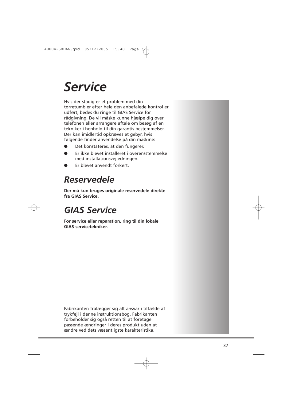 Service, Reservedele, Gias service | Candy AB CDC 668 - SY User Manual | Page 37 / 92