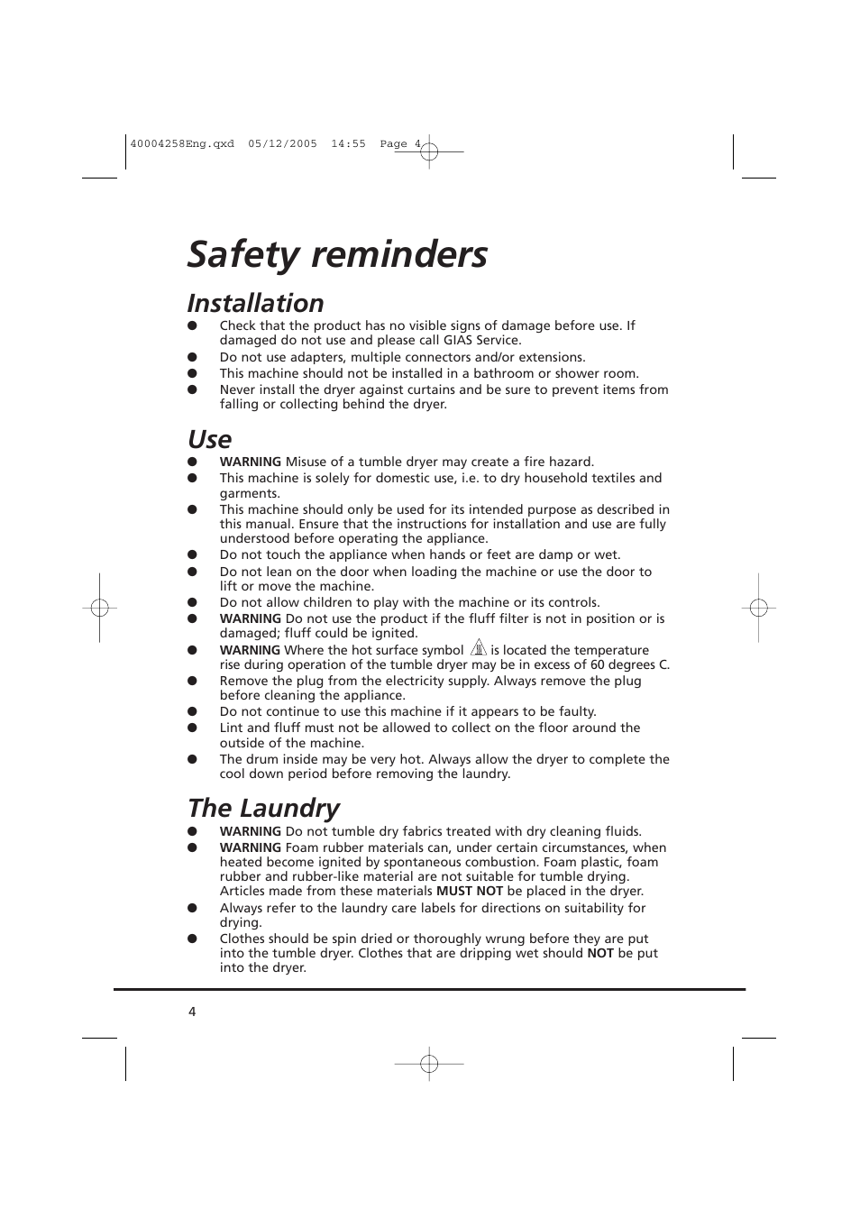 Safety reminders, Installation, The laundry | Candy AB CDC 668 - SY User Manual | Page 4 / 92