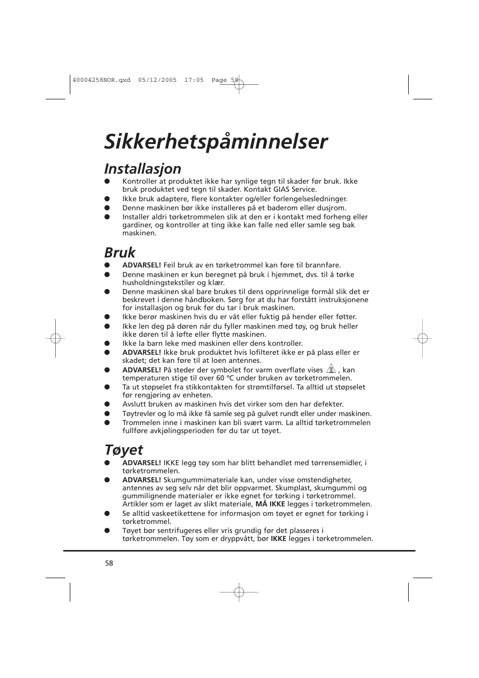 Sikkerhetspåminnelser, Installasjon, Bruk | Tøyet | Candy AB CDC 668 - SY User Manual | Page 58 / 92