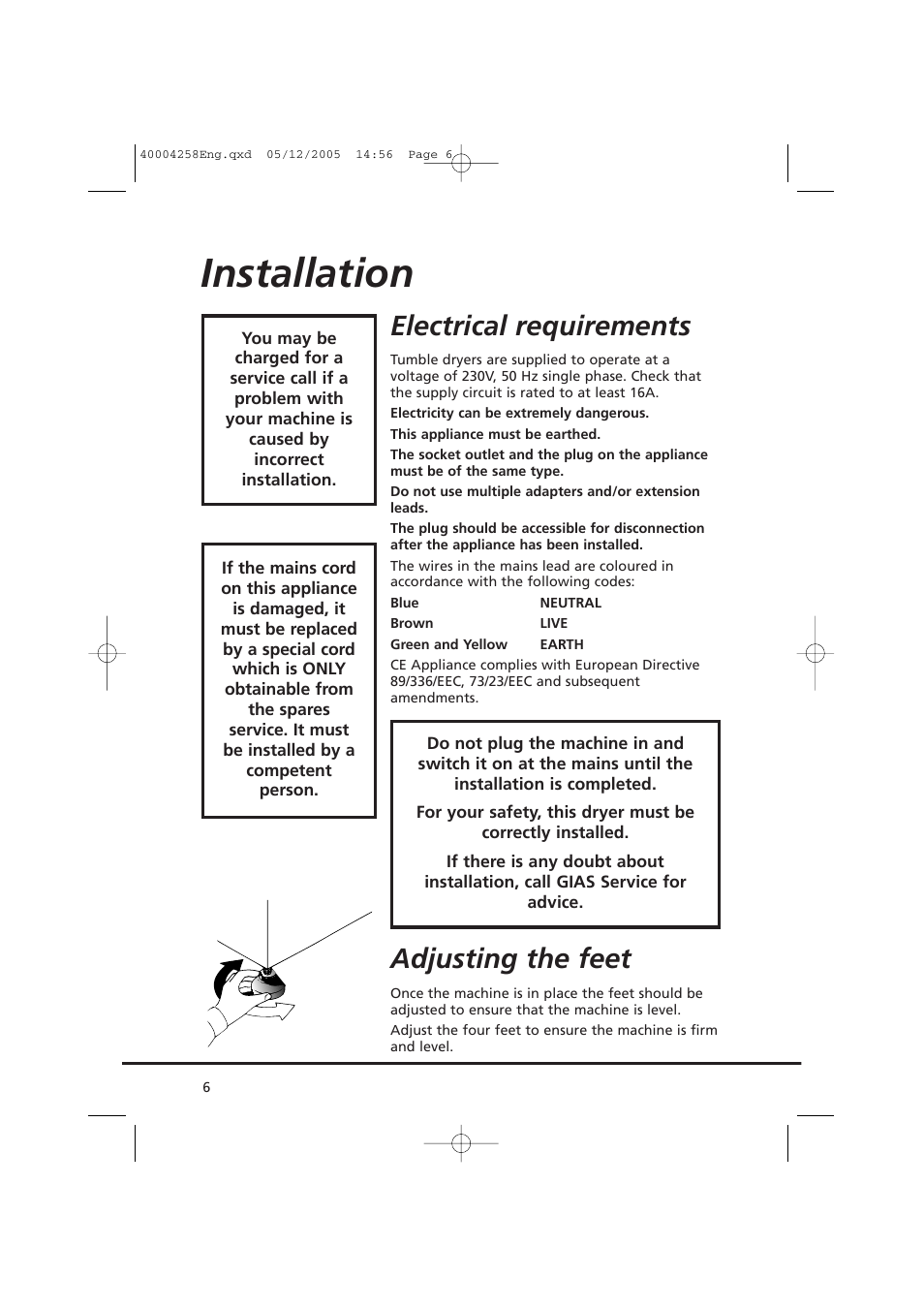 Installation, Electrical requirements, Adjusting the feet | Candy AB CDC 668 - SY User Manual | Page 6 / 92