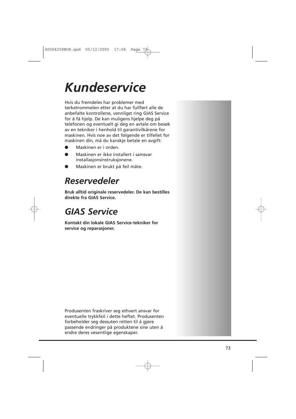 Kundeservice, Reservedeler, Gias service | Candy AB CDC 668 - SY User Manual | Page 73 / 92