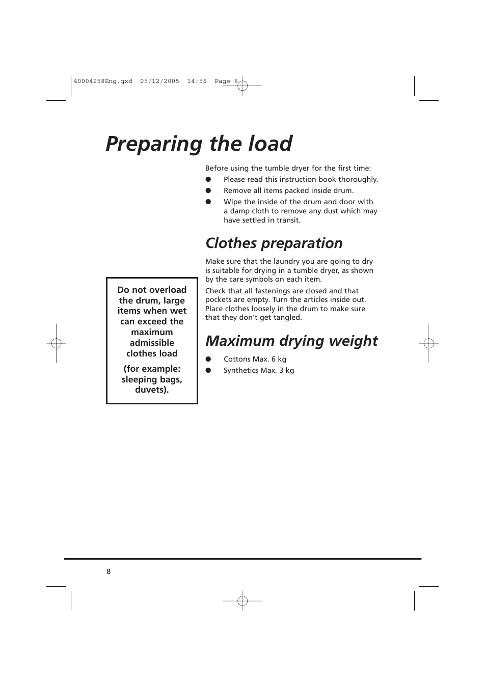 Preparing the load, Clothes preparation, Maximum drying weight | Candy AB CDC 668 - SY User Manual | Page 8 / 92