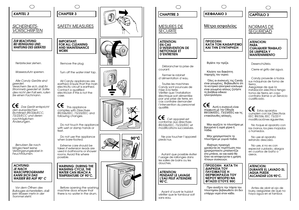 Mesures de securite, Sicherheits- vorschriften, Safety measures | Normas de seguridad | Candy CJ 473 T User Manual | Page 6 / 33