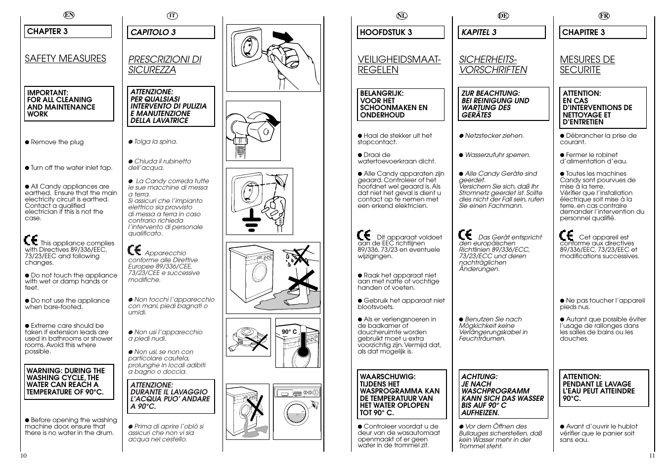 Prescrizioni di sicurezza, Sicherheits- vorschriften, Mesures de securite | Veiligheidsmaat- regelen, Safety measures | Candy AQUAMATIC 8T User Manual | Page 6 / 33