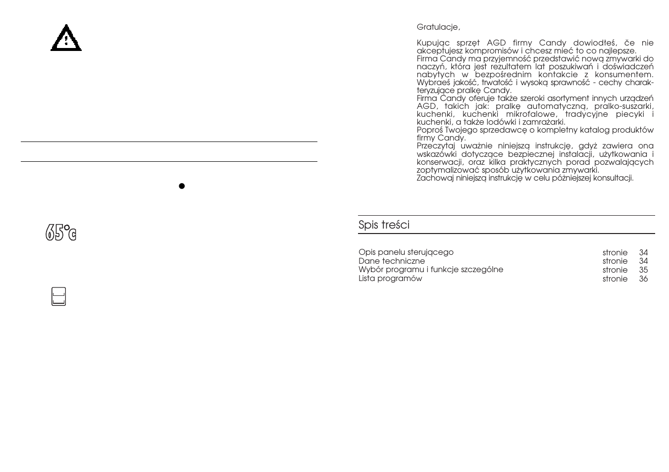 Programmakeuze en bijzondere functies, Spis treêci | Candy LS CDW 478__1 User Manual | Page 17 / 21