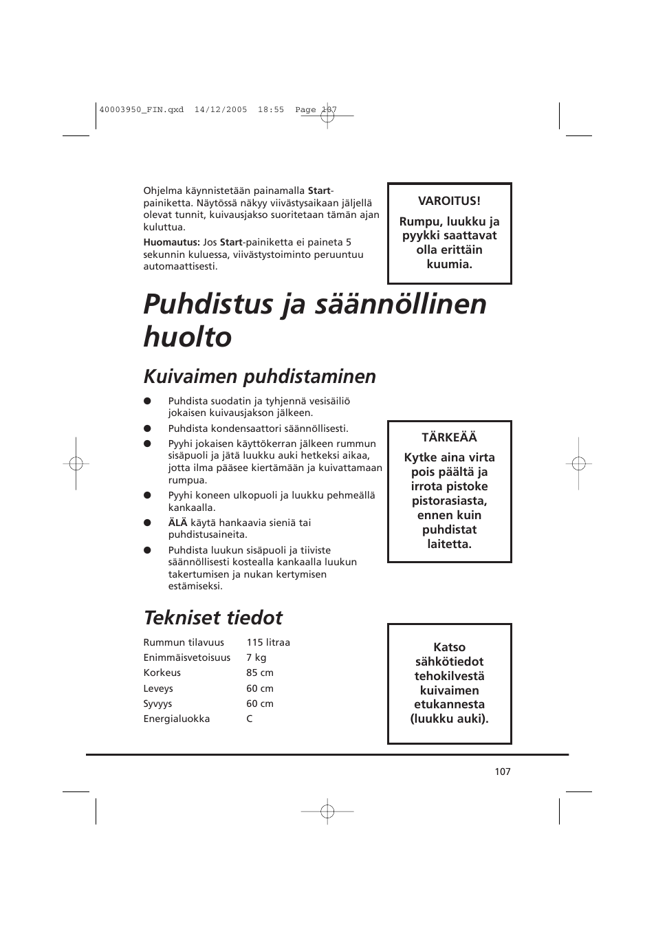 Puhdistus ja säännöllinen huolto, Kuivaimen puhdistaminen, Tekniset tiedot | Candy CC2 77 T-86S User Manual | Page 107 / 164