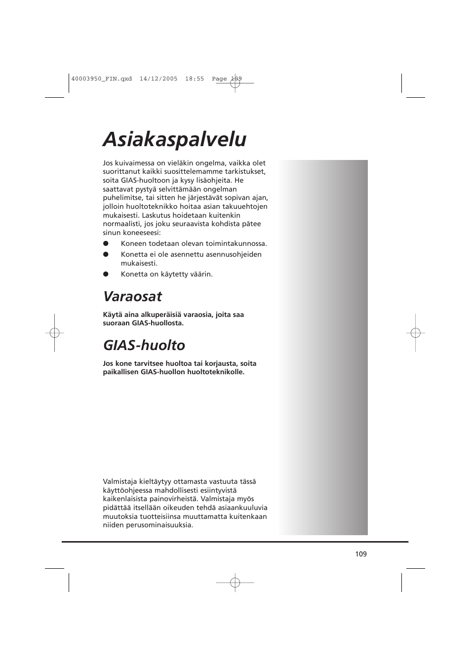 Asiakaspalvelu, Varaosat, Gias-huolto | Candy CC2 77 T-86S User Manual | Page 109 / 164