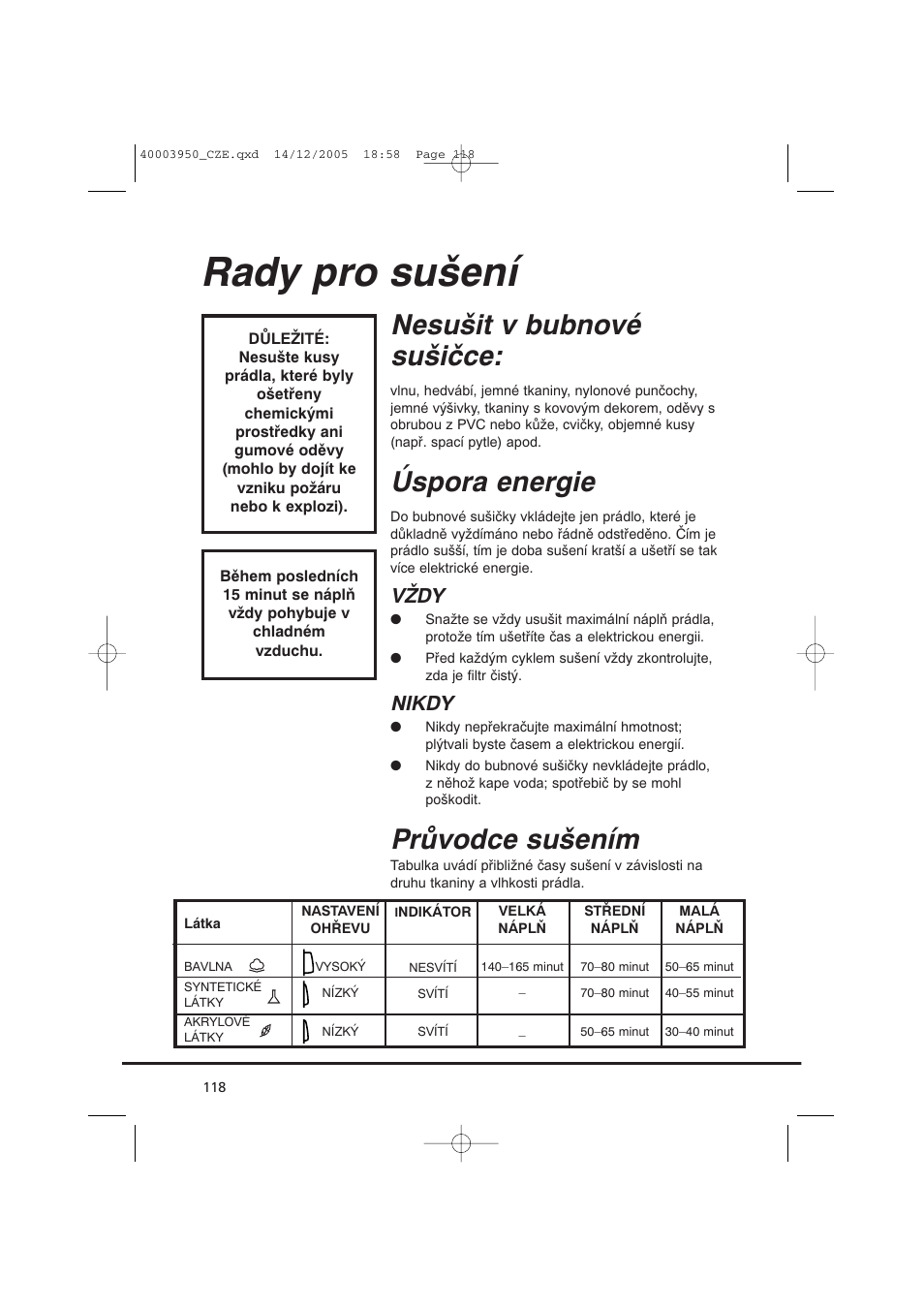Rady pro sušení, Nesušit v bubnové sušičce, Úspora energie | Průvodce sušením, Vždy, Nikdy | Candy CC2 77 T-86S User Manual | Page 118 / 164