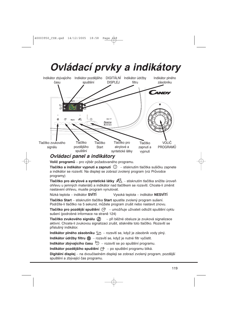 Ovládací prvky a indikátory, Ovládací panel a indikátory | Candy CC2 77 T-86S User Manual | Page 119 / 164