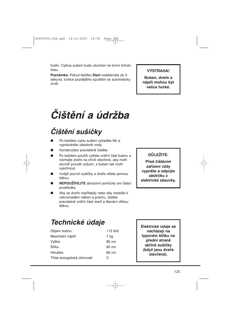 Čištění a údržba, Čištění sušičky, Technické údaje | Candy CC2 77 T-86S User Manual | Page 125 / 164