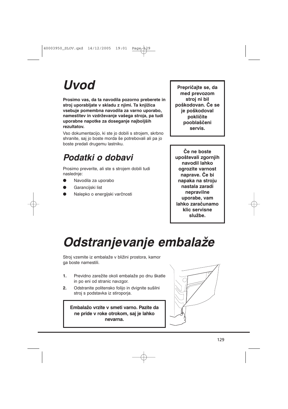 Uvod, Odstranjevanje embalaže, Podatki o dobavi | Candy CC2 77 T-86S User Manual | Page 129 / 164