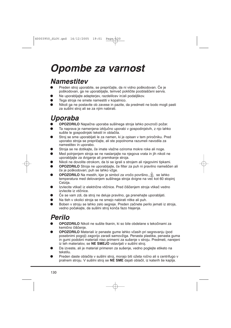 Opombe za varnost, Namestitev, Uporaba | Perilo | Candy CC2 77 T-86S User Manual | Page 130 / 164