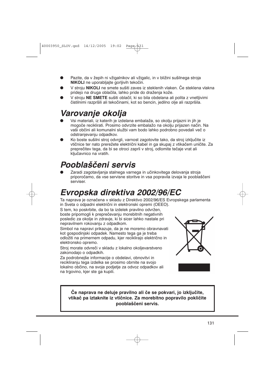 Varovanje okolja, Pooblaščeni servis | Candy CC2 77 T-86S User Manual | Page 131 / 164