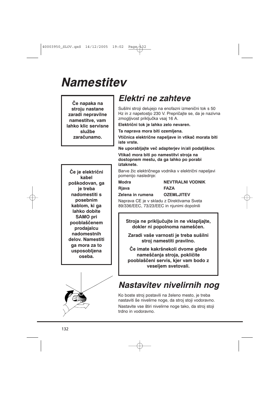 Namestitev, Elektri ne zahteve, Nastavitev nivelirnih nog | Candy CC2 77 T-86S User Manual | Page 132 / 164