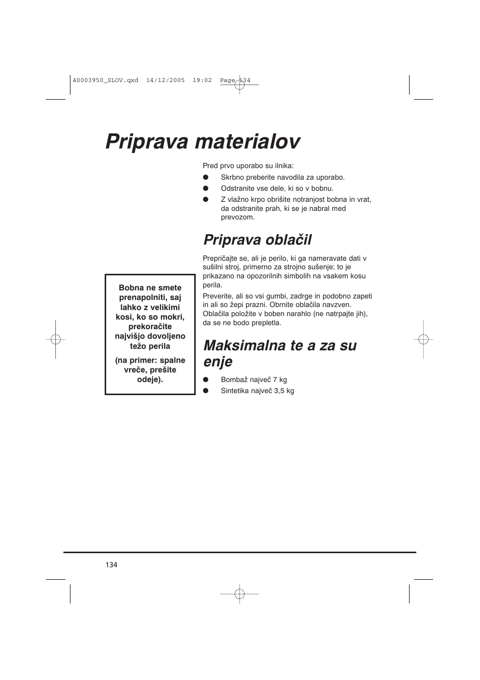 Priprava materialov, Priprava oblačil, Maksimalna te a za su enje | Candy CC2 77 T-86S User Manual | Page 134 / 164