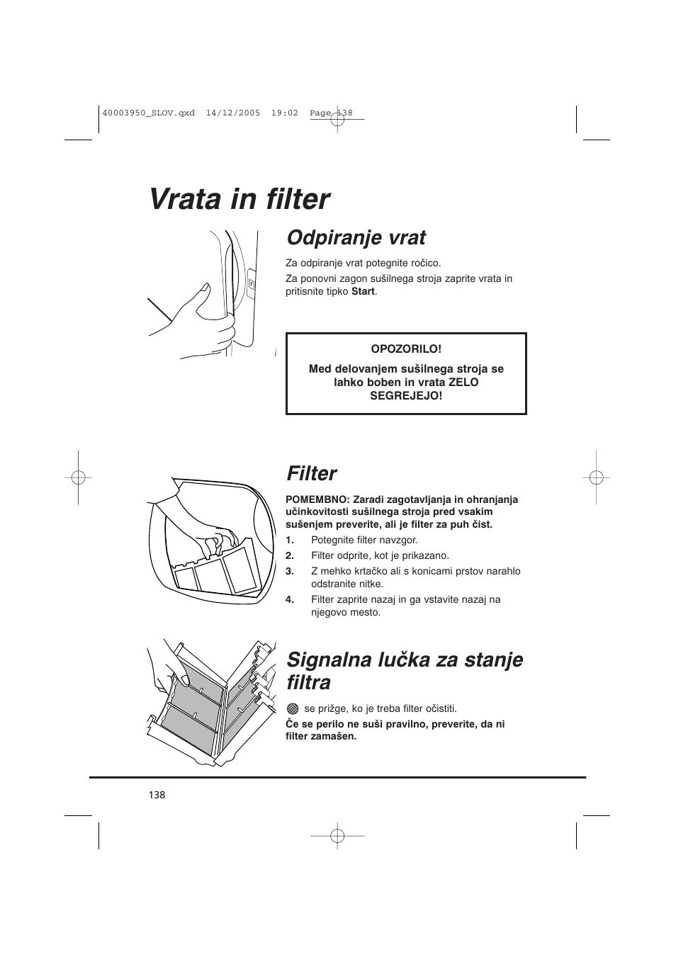 Vrata in filter, Odpiranje vrat, Filter | Signalna lučka za stanje filtra | Candy CC2 77 T-86S User Manual | Page 138 / 164